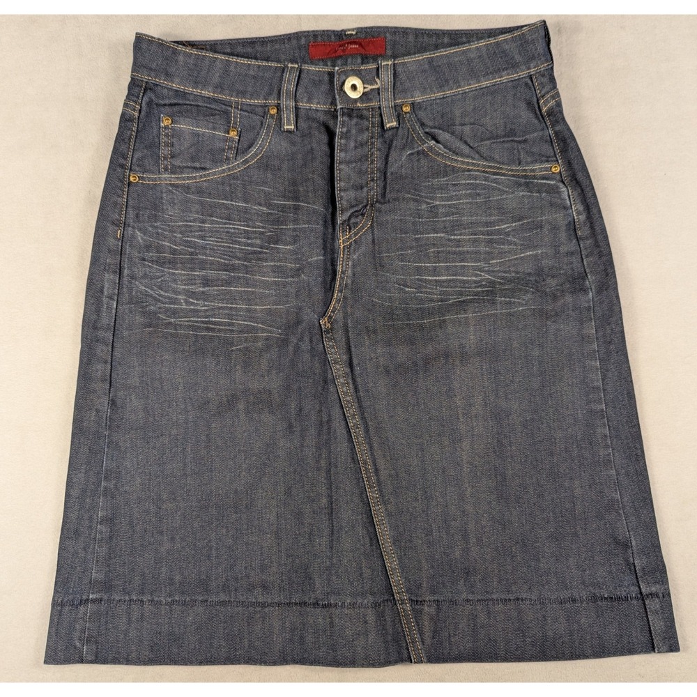 VTG Y2K Levis Jeans Dark Wash Denim Mini Skirt Size 29 Asymmetrical Seam Indigo